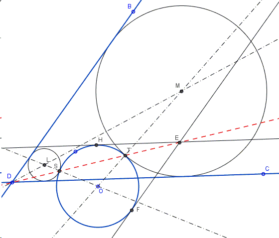Construct circle tangent to two straight lines and a circle