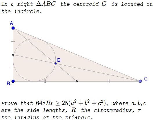 Centroid  on the Incircle in Right Triangle, problem