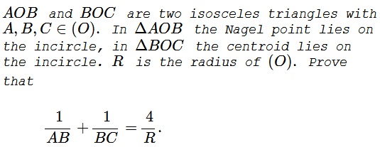 Nagel Point and Centroid on Adjacent Isosceles Triangles, problem