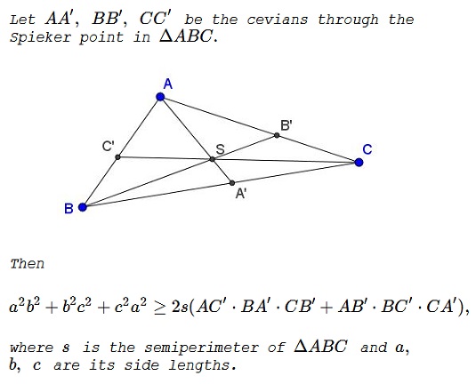 An Inequality for the Cevians through Spieker Point via Brocard Angle, problem