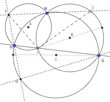 In three concurrent circles Two Common chords join end-to-end. Their configuration is closely related to the corresponding diameters - solution