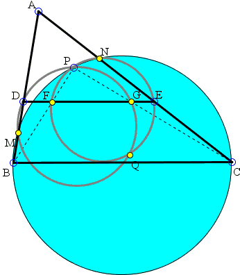 Let ABC be a triangle and let D and E be points on the sides AB and AC, respectively, such that DE is parallel to BC. Let P be any point interior to triangle ADE and let F and G be the intersections of DE with the lines BP and CP, respectively. Let Q be the second intersection point of the circumcircles of triangles PDG and PFE. Prove that the points A, P, and Q lie on a straight line