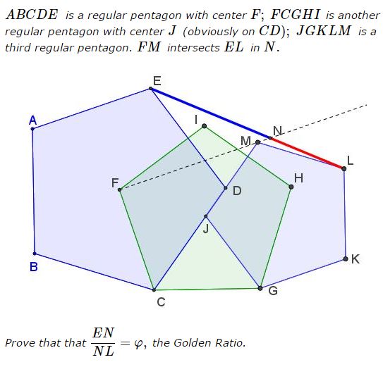 Golden Ratio in Three Regular Pentagons, problem