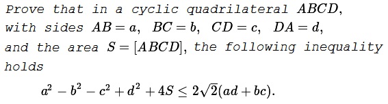 In a cyclic quadrilateral, aa-bb-cc+dd+4S≤ 2sqrt(2)(ad+bc)