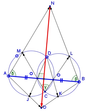 A Straightedge Construction of the Midpoint of a Chord Common to Two Circles, solution