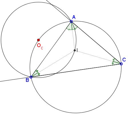 center of the circle through the incenter sits on the circumcircle of the triangle