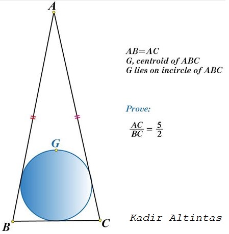 Centroid  on the Incircle in Isosceles Triangle, source